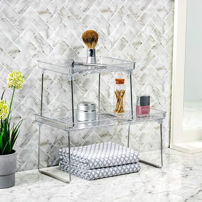 madesmart Medium Stacking Shelf, Organizer for Spices, Make-Up, Bottles & Jars, Collapsible Legs for Cabinet or Counter Storage, Clear