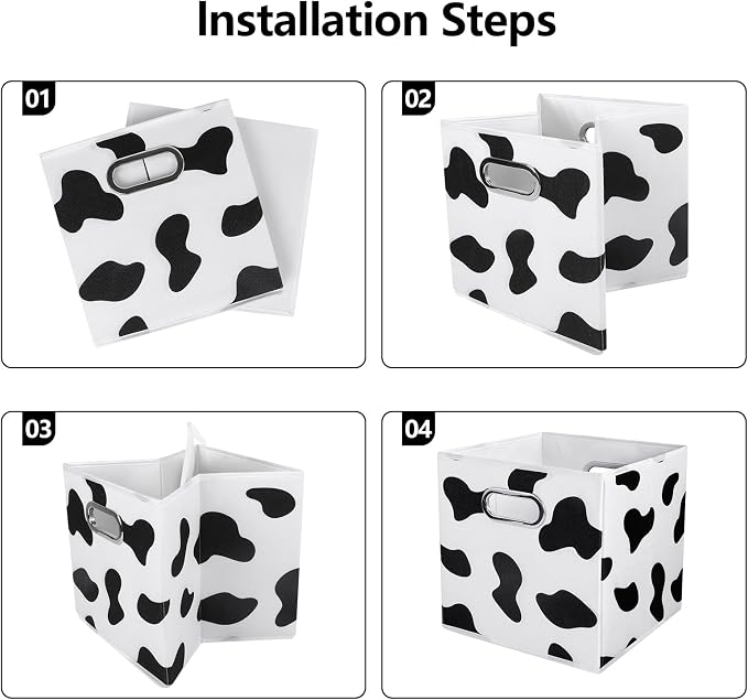 ANMINY Cow Print Cube Storage Bins with Handles, Washable, Collapsible | Cotton Linen Fabric, PP Plastic Board, Animal Print Decor, Storage Basket for Closet Shelf, 11 x 11 x 11 Inch, 8PCS