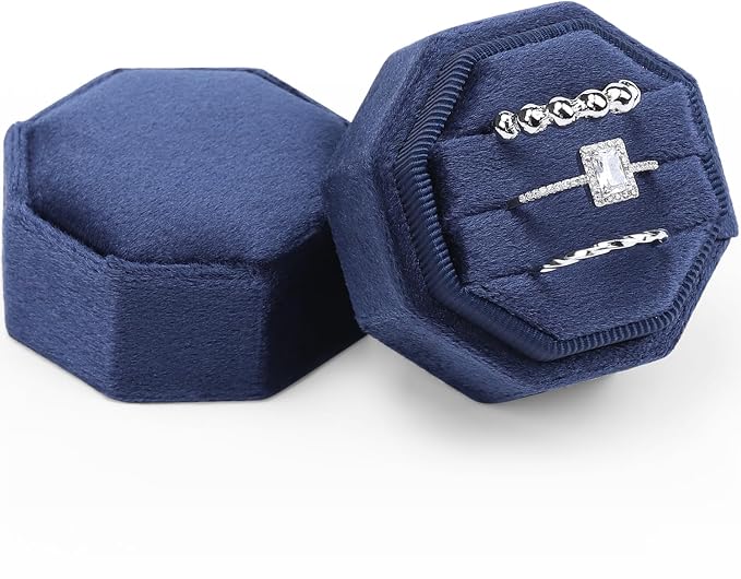 WantGor Velvet Ring Box, 3 Slots Jewelry Ring Gift Box Vintage Ring Holder | Ring Display Case for Wedding Ceremony Proposal Engagement (Navy Blue)