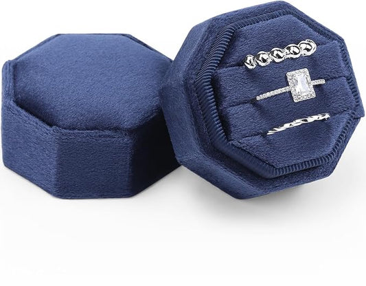 WantGor Velvet Ring Box, 3 Slots Jewelry Ring Gift Box Vintage Ring Holder | Ring Display Case for Wedding Ceremony Proposal Engagement (Navy Blue)