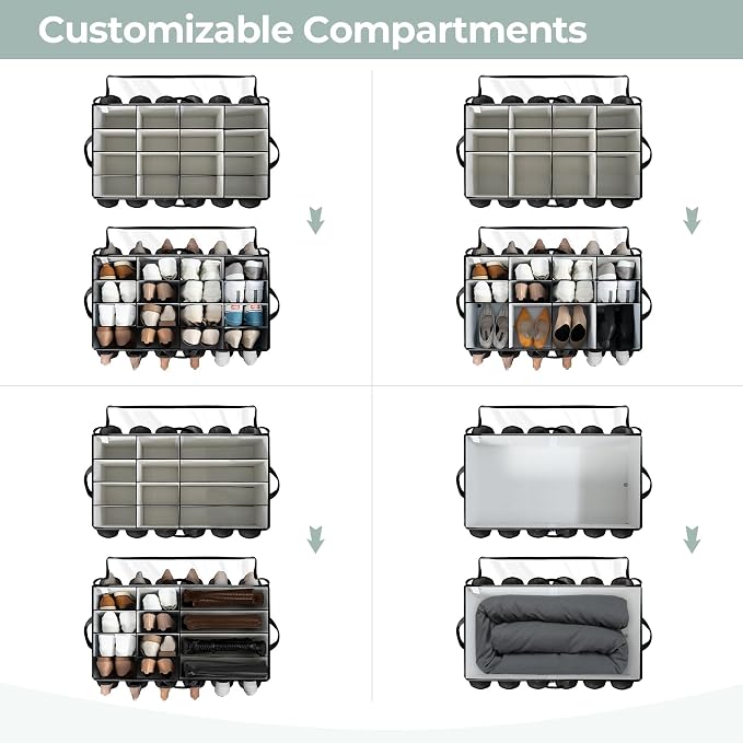Extra Large Fabric Shoe Organizer for Closet, Fits up to 28 Pairs, Foldable Shoe Storage Bin Containers with Adjustable Dividers and Clear Cover, Black, 1 Pack