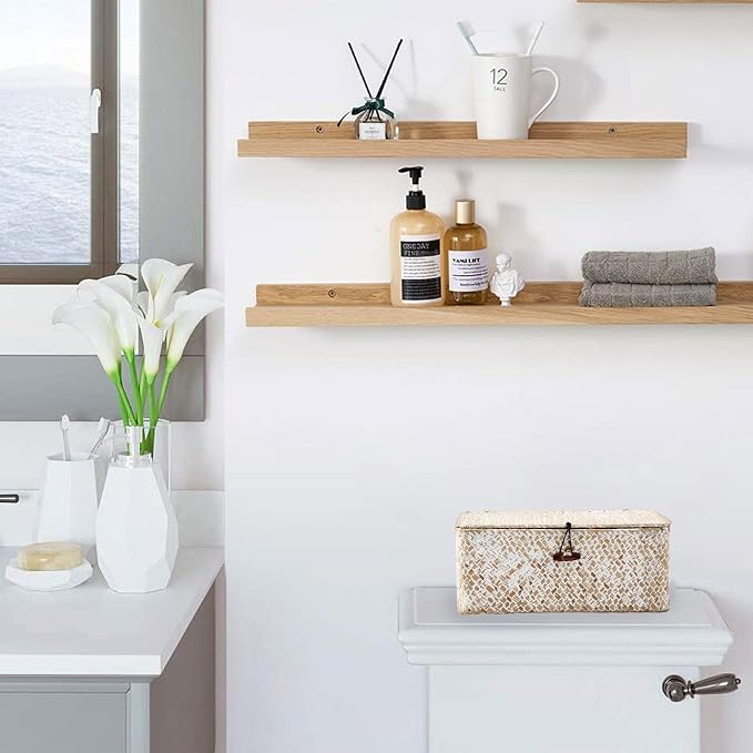 Hipiwe Wicker Shelf Baskets with Lid, Woven Seagrass Storage Basket Bin Rectangular Household Basket Boxes for Shelf Home Organizer and Decor, Whitewash X-Small