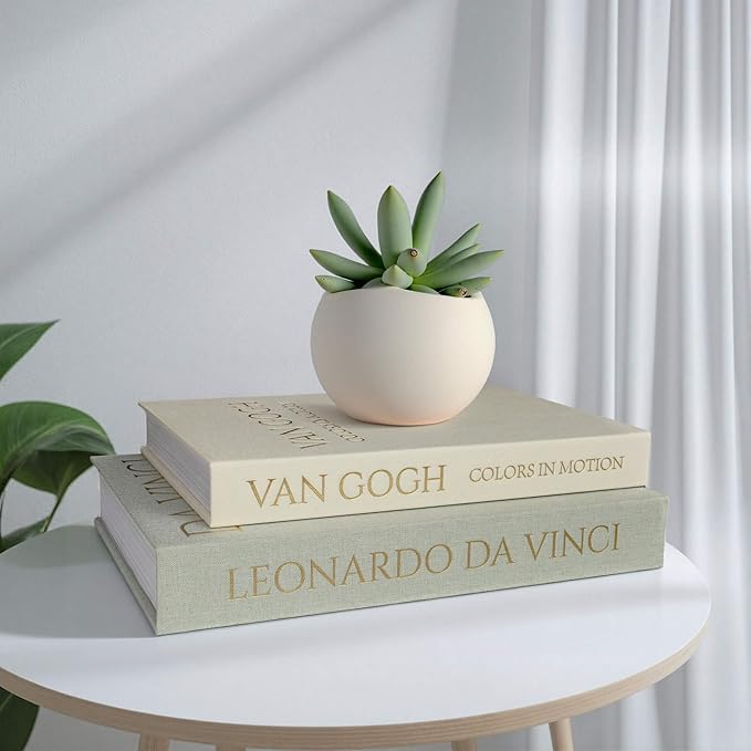MAOBUYOU Decorative Storage Books Set of 2, Linen Cover, Gold Letters, White and Green