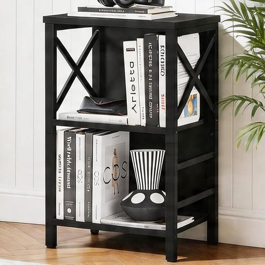MNEETRUNG Book Shelf, Small 3-Tier Industrial Bookshelf with Strong Metal Frame & Backboard, 15.7" Short Bookcase for Small Spaces, Living Room, Bedroom and Home Office, Black