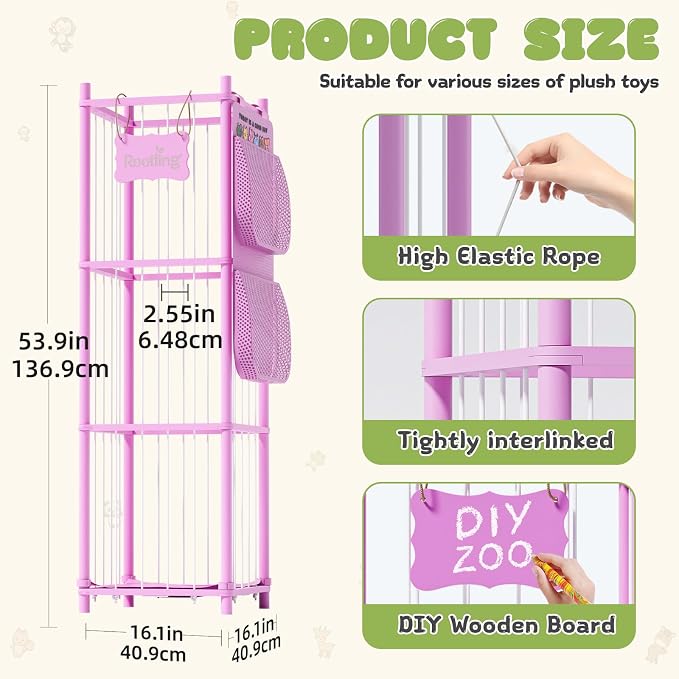 Stuffed Animal Storage & Organizer, 54 inch Tall Wooden Cute Zoo Toy Holder w/Building Block Storage Bag, Premium Wooden Material with Elastic Cord for Toddler Rooms, Playrooms (Pink, Large)
