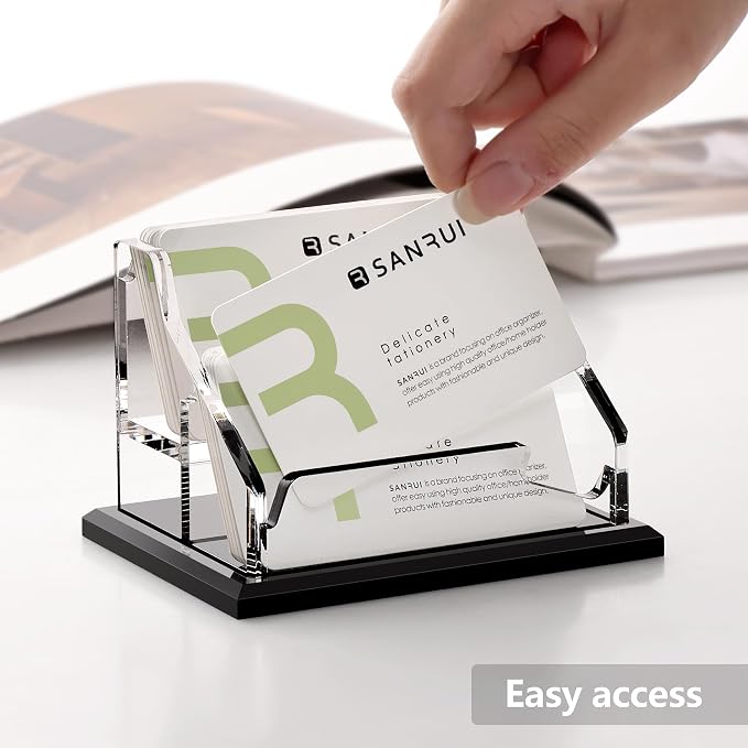 SANRUI Black Business Card Holder for Desk 2 Slot , Clear Acrylic Horizontal Name Card Stand for Women and Men, Desktop Organizer Display for Office Home Exhibition - 120 Card Capacity 1 Pack
