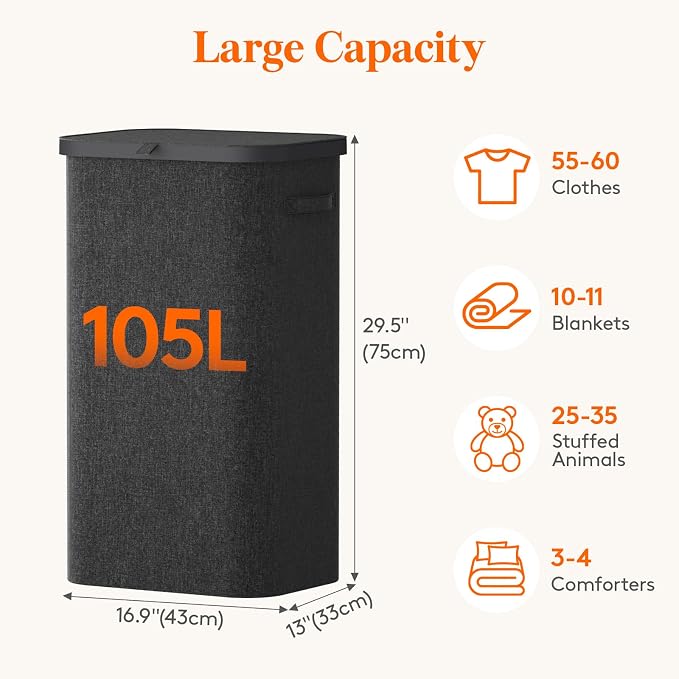 Lifewit 105L Large Laundry Basket with Lid, Laundry Hamper with Plastic Handles and Removable Bag, Foldable Tall Dirty Clothes Hampers for Laundry for Laundry Room, Bedroom, Bathroom, Dorm, Dark Gray