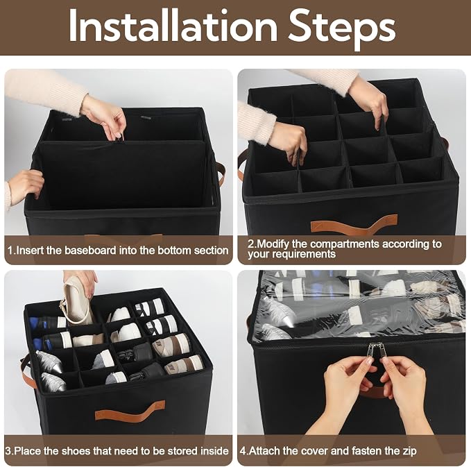 VZZNN 2 Pack Shoe Organizer for Closet, Foldable Shoe Storage Bins with Clear Cover and Adjustable Dividers, Fits up to 16 Pairs, Large Shoe Box Storage Containers with Reinforced Handles (Black)