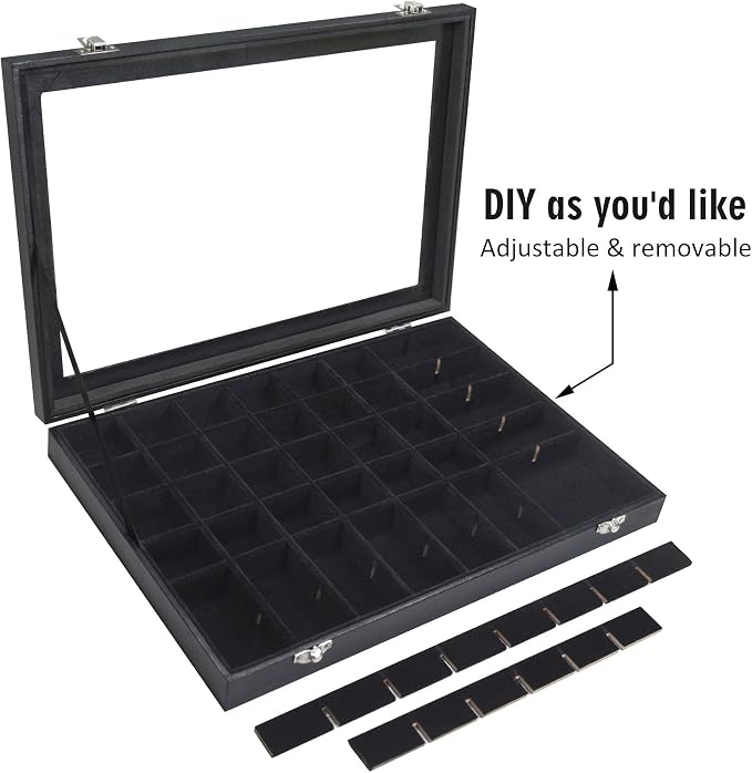 Siveit Jewelry Tray Organizer Box 48 Grid Jewelry Display Organizer Box with Transparent Lid Rings Earrings Necklaces Pendants Display Box Suitable for Women and Girls (48 Grid, Black)
