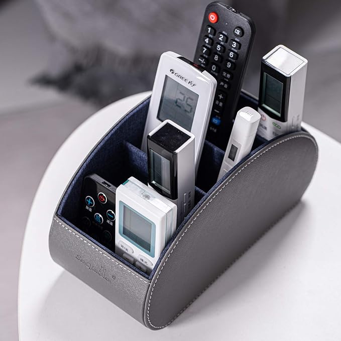 BONNY DODO Remote Control Holders Organizer Box with 5 Compartment PU Leather Multi-functional Office Desk Storage Caddy Store Tv Remote for Media Player,Brush,Pencil,Glassees&Office Supplies (Gray)