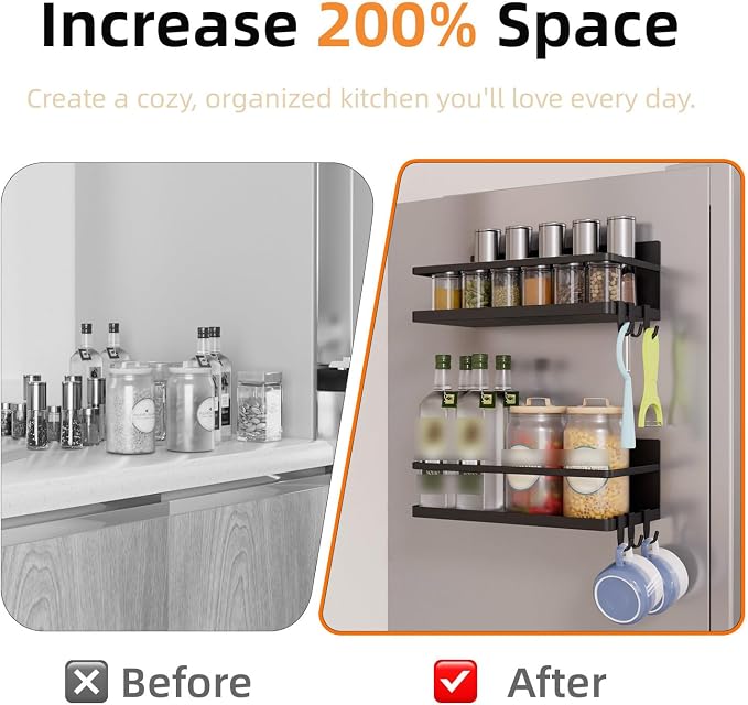 Magnetic Spice Rack for Refrigerator, 2 Pack Magnetic Shelf, Fridge Magnet Organizer with Moveable 6 Hooks, Magnetic Fridge Shelf for Kitchen Organization and Storage(Black, 2 Pack)