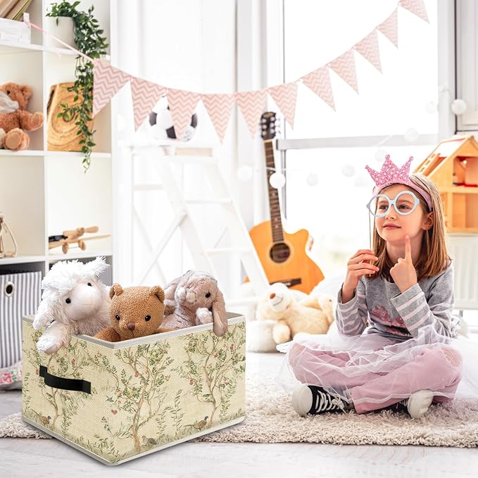 Beige Chinoiserie Floral Botanical Storage Bin Box with Handles, Cottagecore Aesthetic Foldable Organizer Basket Toybox for Girls Room Bedroom Bathroom Clothes Toys Books