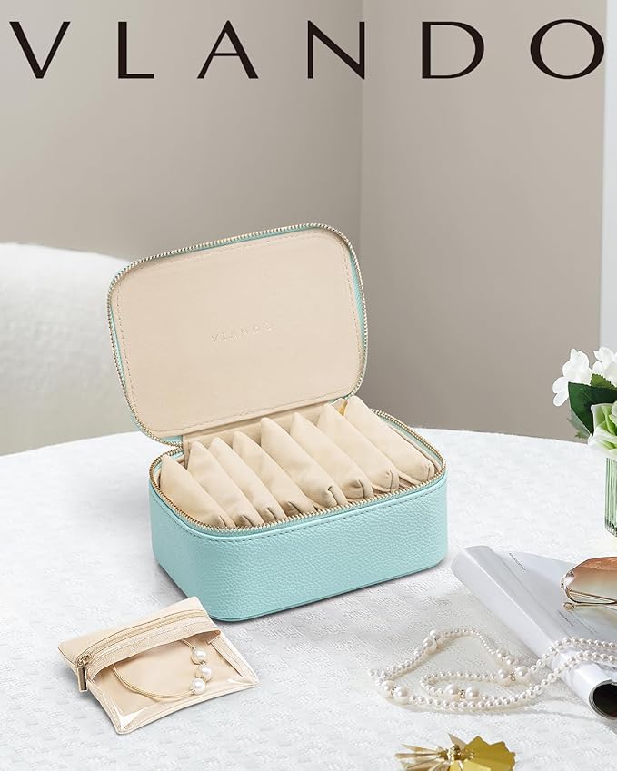 VLANDO Jewelry Travel Case,Travel Jewelry Organizer with Clear Velvet Jewelry Bags 8Pcs Zipper Pouch for Women Girl Gift-Lake Blue