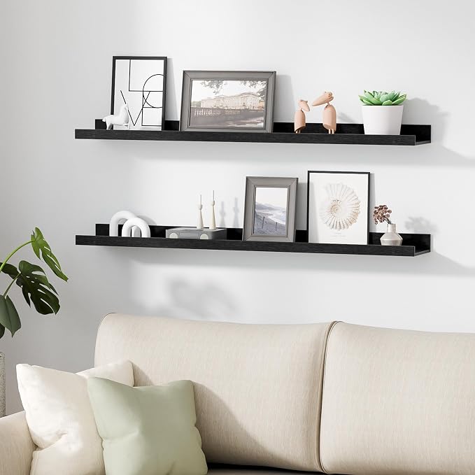 upsimples Floating Shelves for Wall, 35.5 Inch Shelves for Decor Storage Set of 6, Wall Mounted Wood Shelf for Bedroom, Living Room, Bathroom, Kitchen, Long Picture Ledge Shelves, Black