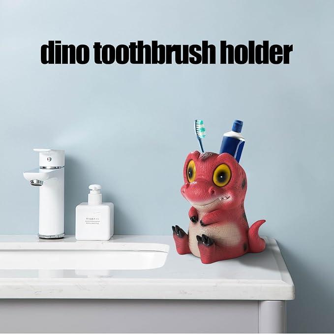 Dinosaur Pen Holder & Pencil Holder for Desk - Cute Cartoon Desk Accessories, Red Dino Toothbrush Holder, Office & School Supplies, Ideal Gifts for Adults, Kids, Women, Men