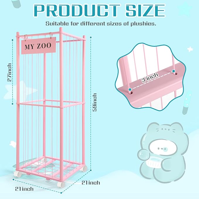 GLDZI Stuffed Animal Storage Zoo with Wheels, Wooden Stuffed Animal Organizer with Elastic Cords, Space Saving Toy Plushies Storage Holder for Playroom, Bedroom, Living Room(Pink, Large)