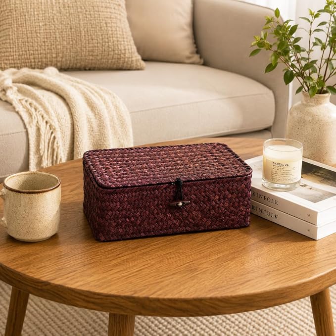 Wicker Basket with Lid, Natural Seagrass Storage Baskets for Organizing, Woven Basket for Storage, Decorative Boxes Bins with Lids Home Organizer Decor (Red, 9.05" x 5.11" x 3.34")