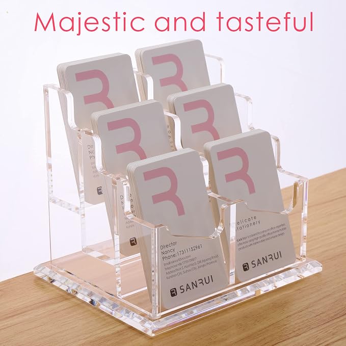 SANRUI Vertical Business Card Holder for Desk，Clear Acrylic Business Card Display Stand，6 Slots 3 Tier ，Holds 300 Cards