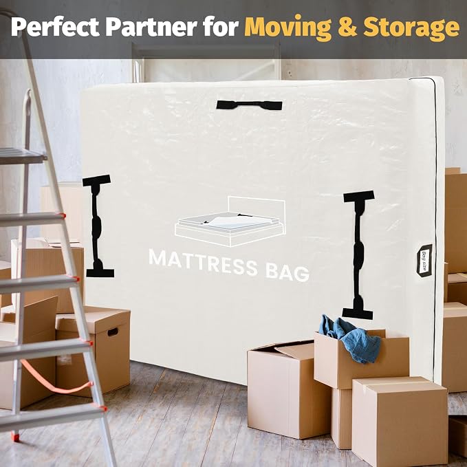 Mattress Bags for Moving and Storage, BETU Queen Mattress Protector Waterproof Mattress Cover with 8 Heavy Duty Handles and Zipper Extra Thick Moving Supplies for Bed Reusable (82x62x13.5 White)