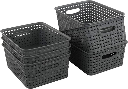 Teyyvn Plastic Storage Basket, 10.03" x 7.59" x 4.09", Pack of 6, Gray