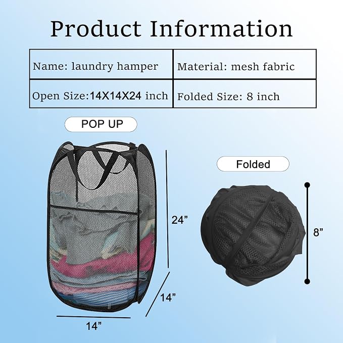 Mesh Pop Up Laundry Hamper, Collapsible Laundry Basket with Side Pocket, Dirty Clothes Mesh Basket Foldable for Cruise, Travel, Camping (Black - 1 Pack)