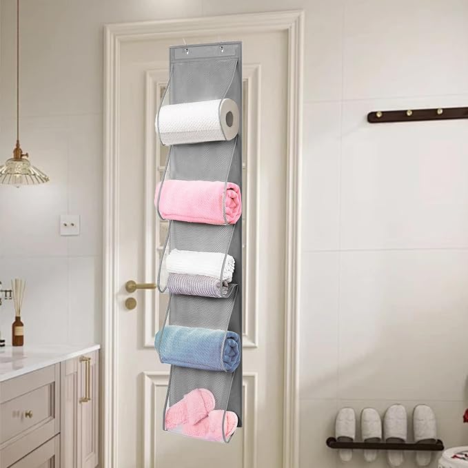 2 Pack Over the Door Hanging Vinyl Organizer Embroidery Stabilizer Holder Purse Storage for Closet Bath Towel Hanger Scarf Container 5 Large Pockets (One Side)