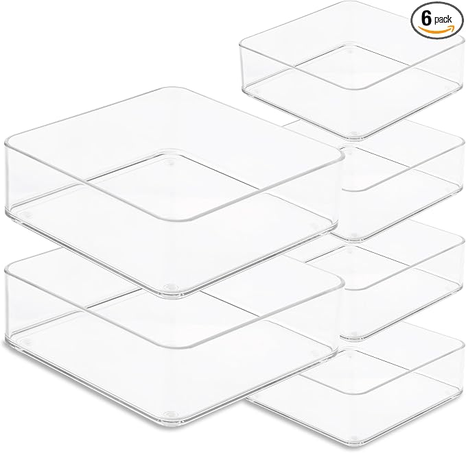primebox Plastic Clear Drawer Organizers. Bathroom, Kitchen, Bedroom, Makeup, Office Organizer Bins, Storage Trays. Heavy Duty, Stackable. 6" x 6" x 2" Set of 6