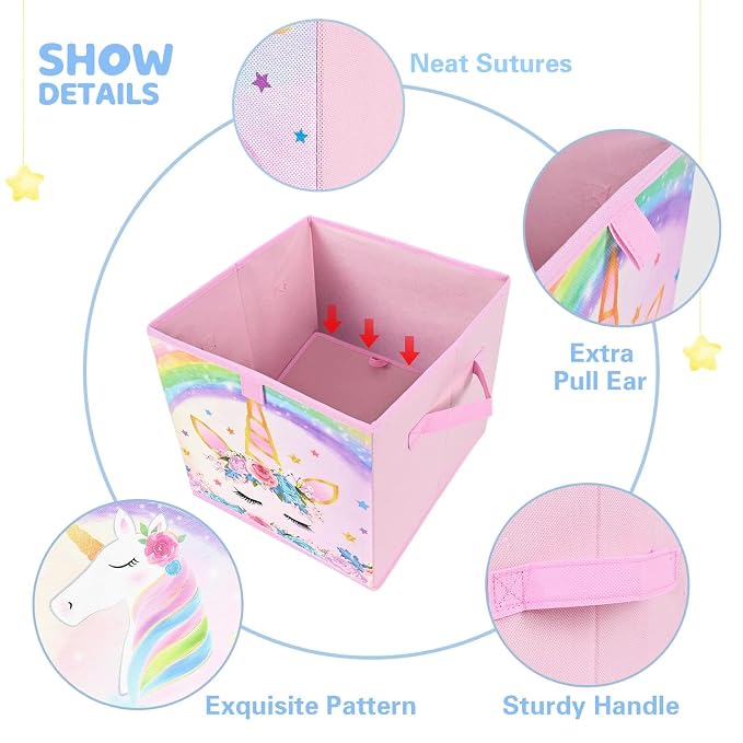 WERNNSAI Cube Storage Bins - 4 Pack Fabric Foldable Storage Cube Organizer for Kids Decorative Storage Baskets with Handles 11" x 11" Home Closet Nursery Room Bedroom (Unicorn)