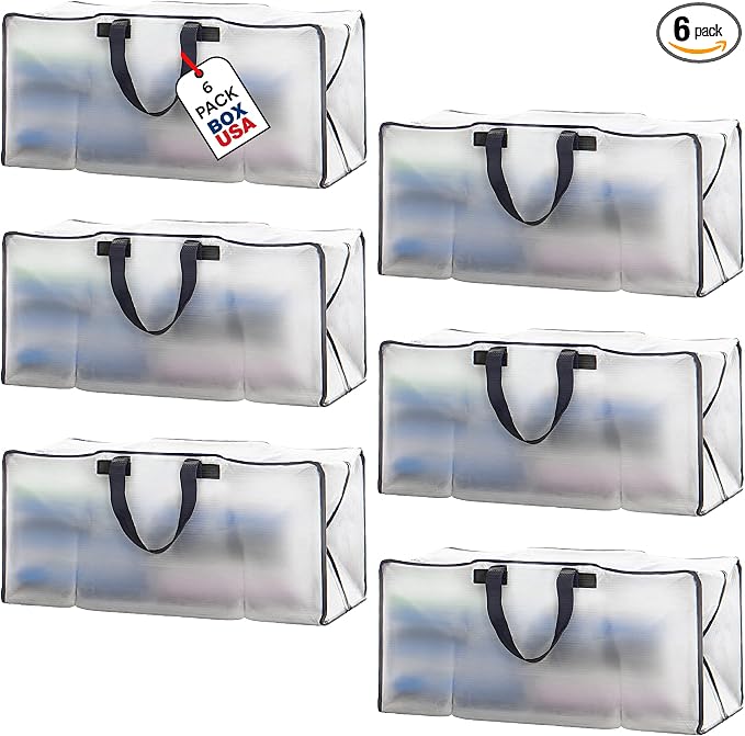 BOX USA 6-Pack Moving Bags with Strong Handles & Zippers - Heavy Duty Extra Large Packing Bags for Storage, Moving Boxes, Dorm & College Supplies, Clear