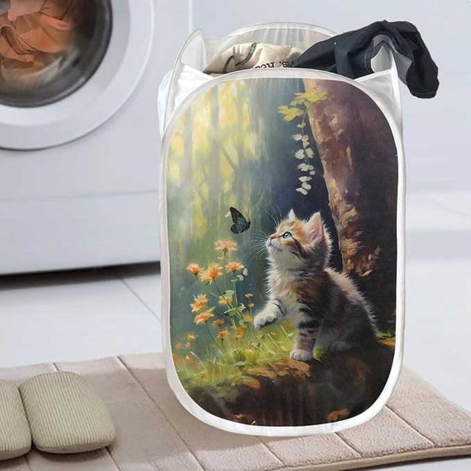 AFPANQZ 3D Cat Strong Mesh Pop-up Laundry Hampers Large Laundry Baskets with Extra Pocket Easy to Open and Fold for Travel Save Place Bathroom Laundry Room Cool Planets 85L