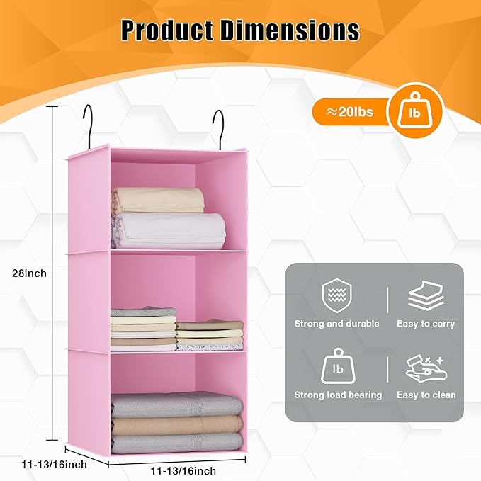 Hanging Closet Organizer 3-Shelf, Oxford Fabric Wardrobe Storage, Pink | Easy-mount foldable design holds clothes, handbags, shoes & accessories; washable Oxford fabric, sturdy and space-saving.