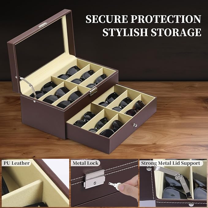 AUTOARK Leather Eyeglasses Storage Case Organizer,12 Piece,Brown,AW-129 | Sunglass Display,Drawer Lockable