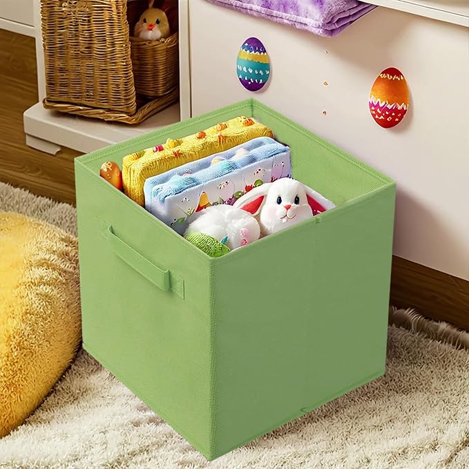 PowerKing Collapsible Storage Cubes with Handles, Fabric Foldable Bins for Closet Shelves, Durable Organization Storage Bins, 10.5'' x 11'' x 10.5'', 2 Pack, Green