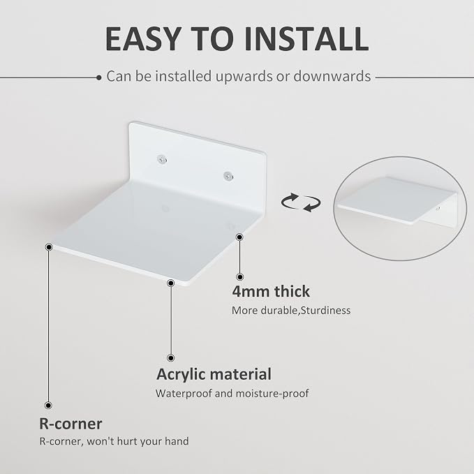 6 Inches White Acrylic Wall Shelves Set of 4, Moisture-Proof, Wall Mounted Storage Display Shelves for Gaming Room, Living Room, Bathroom, Office, Store, Heavy Duty, 4 Pack