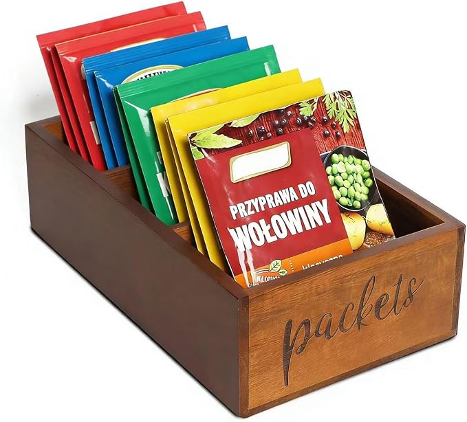 LBEMEY Packet Organizer, Acacia Wood Packet Storage Organizer with 3 Compartments,Farmhouse Kitchen Organization for Spice, Gravy, Taco, and Dressings Packets for Kitchen, Brown Labeled Packets