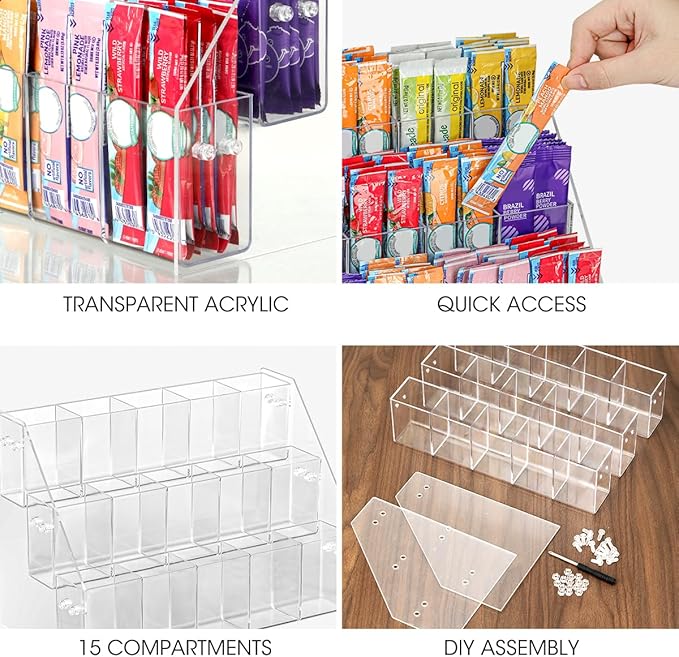 AIEVE Drink Packet Organizer with 15 Compartments, Water Packet Organizer for Water Flavor Drink Mix, Easy Assembly Acrylic Sugar Packets Holder for Cabinet Kitchen Storage Organization