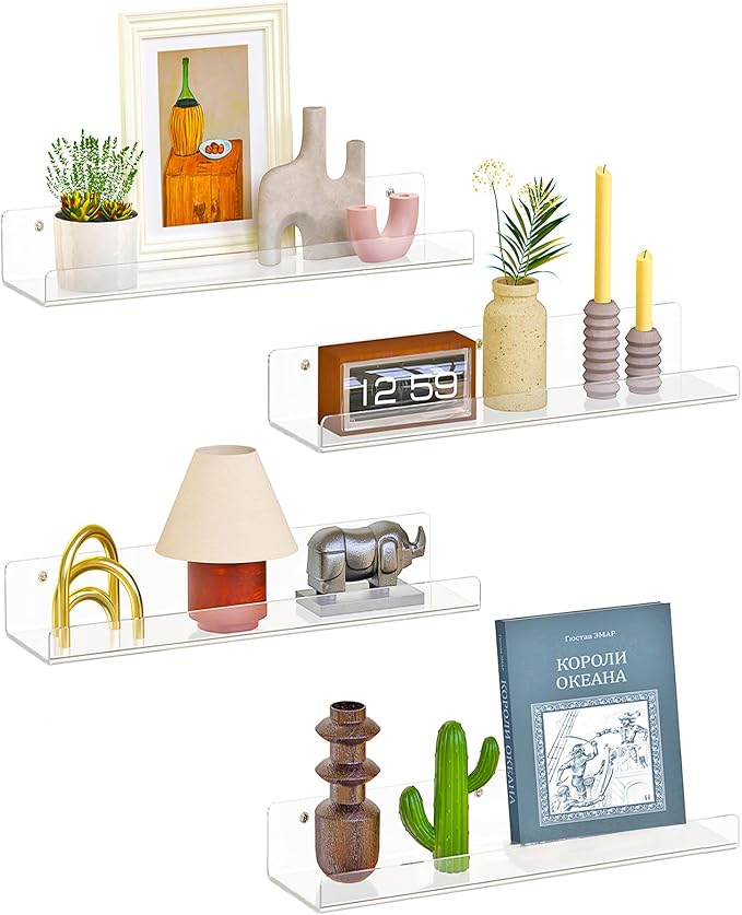 Dooiclear 4 Pack Floating Shelves for Wall, 15" Clear Floating Wall Shelf | Acrylic Book Shelf, Display Shelves Organizer for Bathroom, Classroom, Bedroom, Living Room, Kitchen, Room Decor
