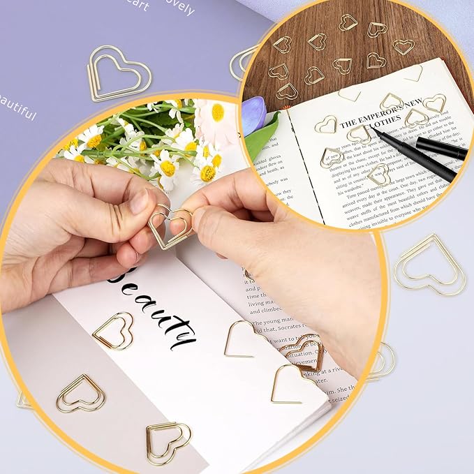 Adullpony Cute Metal Heart Paper Clips: Love Shape Gold Binder Paperclips Mini Bookmark 100Pcs Document Note Sorting Organizer for Wedding Decorative Office Supplies