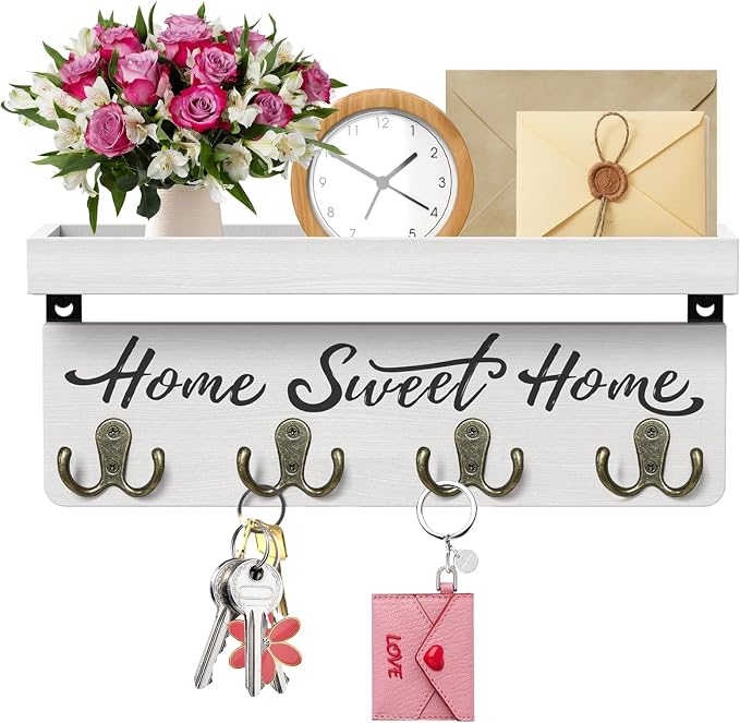 buways Wall-Mounted Key and Mail Holder, Wooden Key Rack with 4 Double Key Hooks, Rustic Home Decor for Entryway(White)
