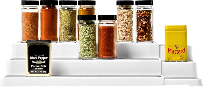 madesmart 3-Tier Expandable Spice Rack Organizer, Pantry & Countertop Organizer, 15 Inch Tiered Shelf, Slip-Resistant Design for Jars and Bottles, White