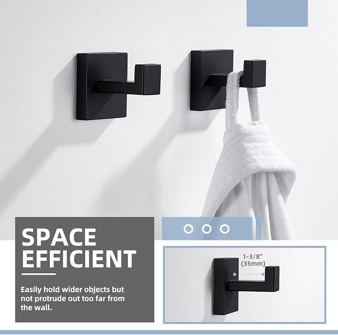 Angle Simple Matte Black Towel Hooks for Bathroom, SUS 304 Stainless Steel Square Wall Coat Hooks, 2 Pack