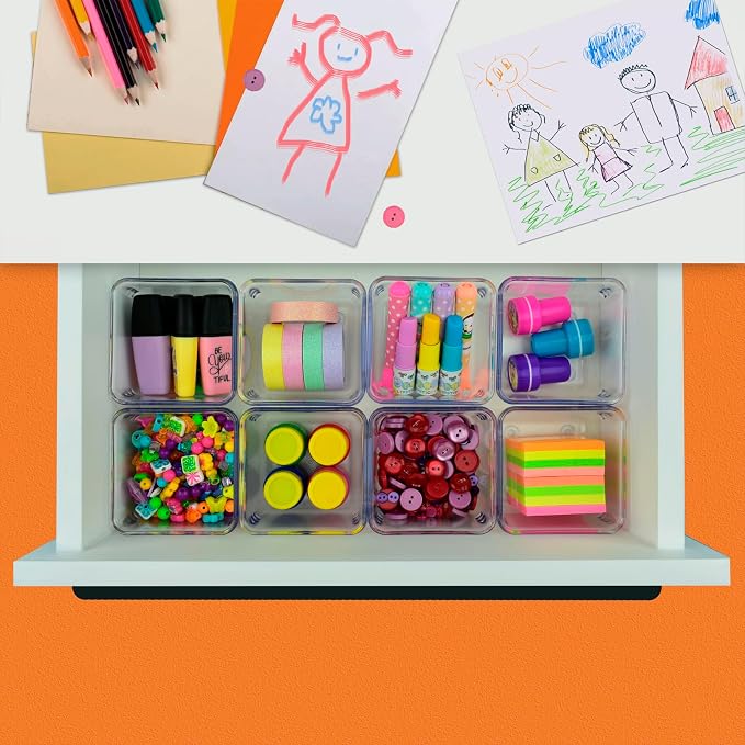 Acrimet 8 Pack Clear Plastic Drawer Organizer Box Set, Square 3" X 3" X 2" Crystal Desk Drawer Trays and Dividers, Storage Bins for Office, Makeup, Kitchen, Bathroom and Junk Drawer