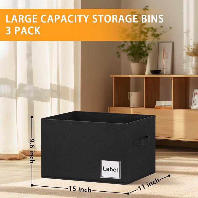 3 Pack Fabric Storage Bins Storage Basket Closet Shelf Organizer for Closet Organizing, Decorative Large Linen Closet Organizers and Storage (Black, 15"x11"x9.5")