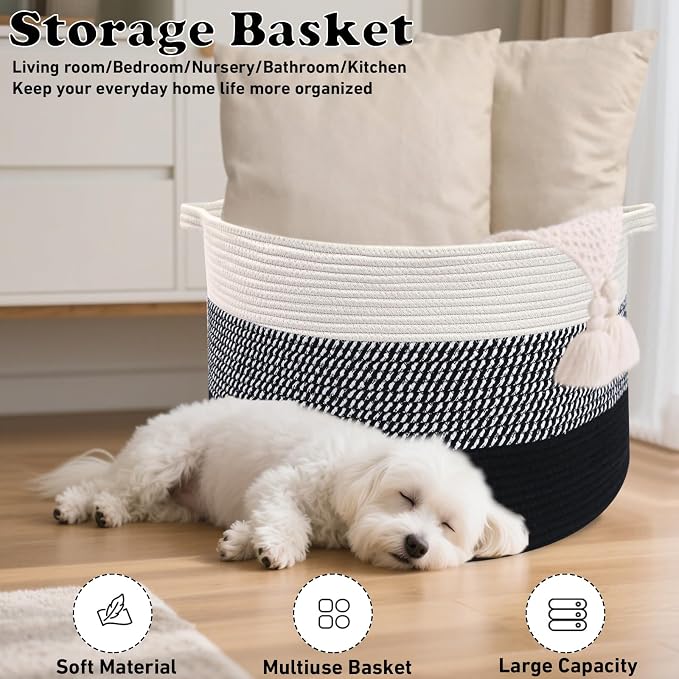 65L Large Blanket Basket,Woven Rope Laundry Basket Hamper with Handles,Decorative Nursery Basket Storage Bin for Toys, Pillows, Clothes Organizer, Living Room, Bedroom, Bathroom, Black