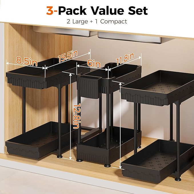 Sevenblue 3-Pack 2-Tier Under Sink Organizers with Sliding Drawers | Multi-use kitchen & bathroom storage, 12.8 inch 2-Tier Sliding cabinet organizer, space-saving sliding drawer design.