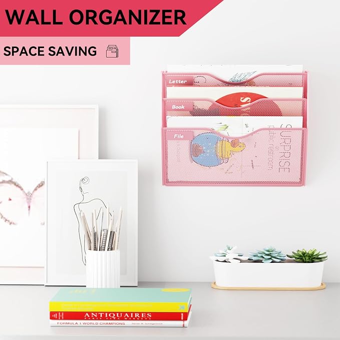 3 Pockets Hanging Wall File Organizer Mail Holder, Wall Mounted Paper Document Folder Holder, Clipboard Storage Organization Magazine Rack, Pink