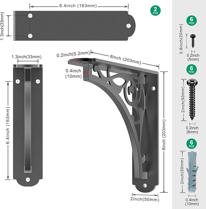 SELEWARE Black Heavy Duty Shelf Brackets, L 8" x H 8" x W 2" Wall Mount Decorative Shelving Brackets, 1/5" Thick Metal L Brackets with Mounting Hardware for DIY Floating Shelf (Classic A, 2 Pack)
