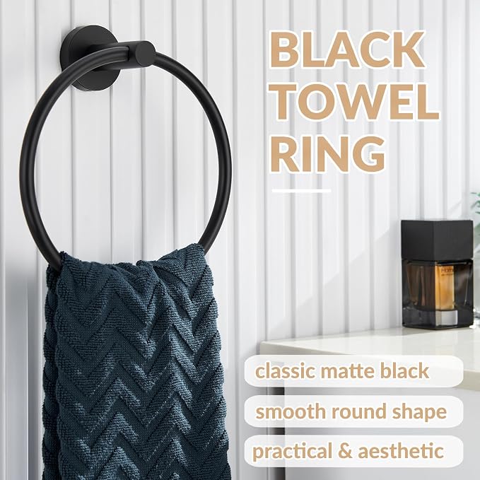 APLusee Matte Black Towel Ring Wall Mounted, Hand Towel Holder for Bathroom, Solid Stainless Steel Round Wall Hanger
