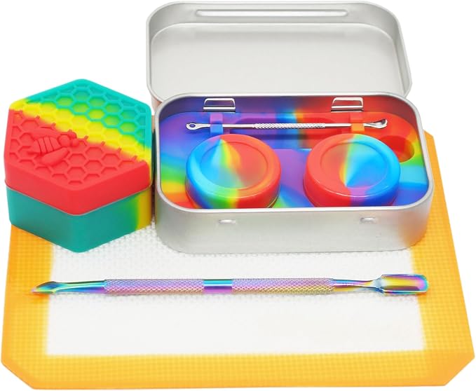 Silicone Wax Carving 5ml 26ml Hexagon Container Kit (Rainbow) | with 5.2" Rainbow Tool and 5.9"×4.9" Mat