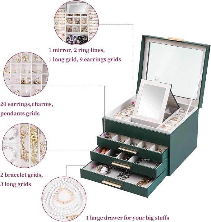 BOOVO Clear Lid Jewelry Box,3 Layers Jewelry Organizer Large Jewelry Storage Box with 2 Drawers,Jewelry Holder Organzier of Rings Earrings Necklace Bracelets for Women (Dark Green, 4 Layer)